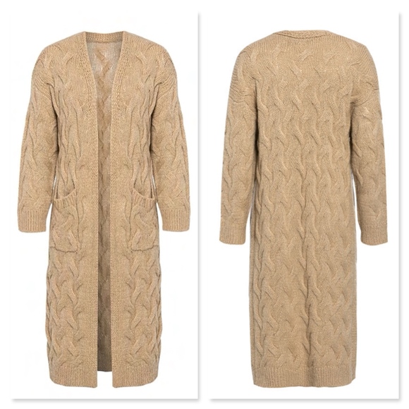 Open Cable Knit Cardigan, Long w/Pockets, Khaki - Picture 6 of 9